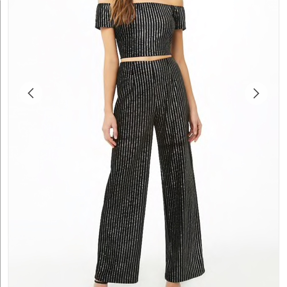 Metallic striped pants and off shoulder top